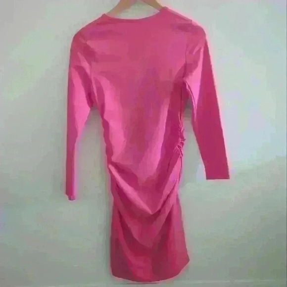 MISSUFE | Women's Hot Pink Long Sleeved Ruched Midi Bodycon Dress - Picture 4 of 5